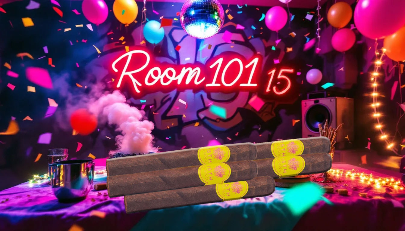 A celebration of Room101's 15th anniversary showcasing cigars and decorations.