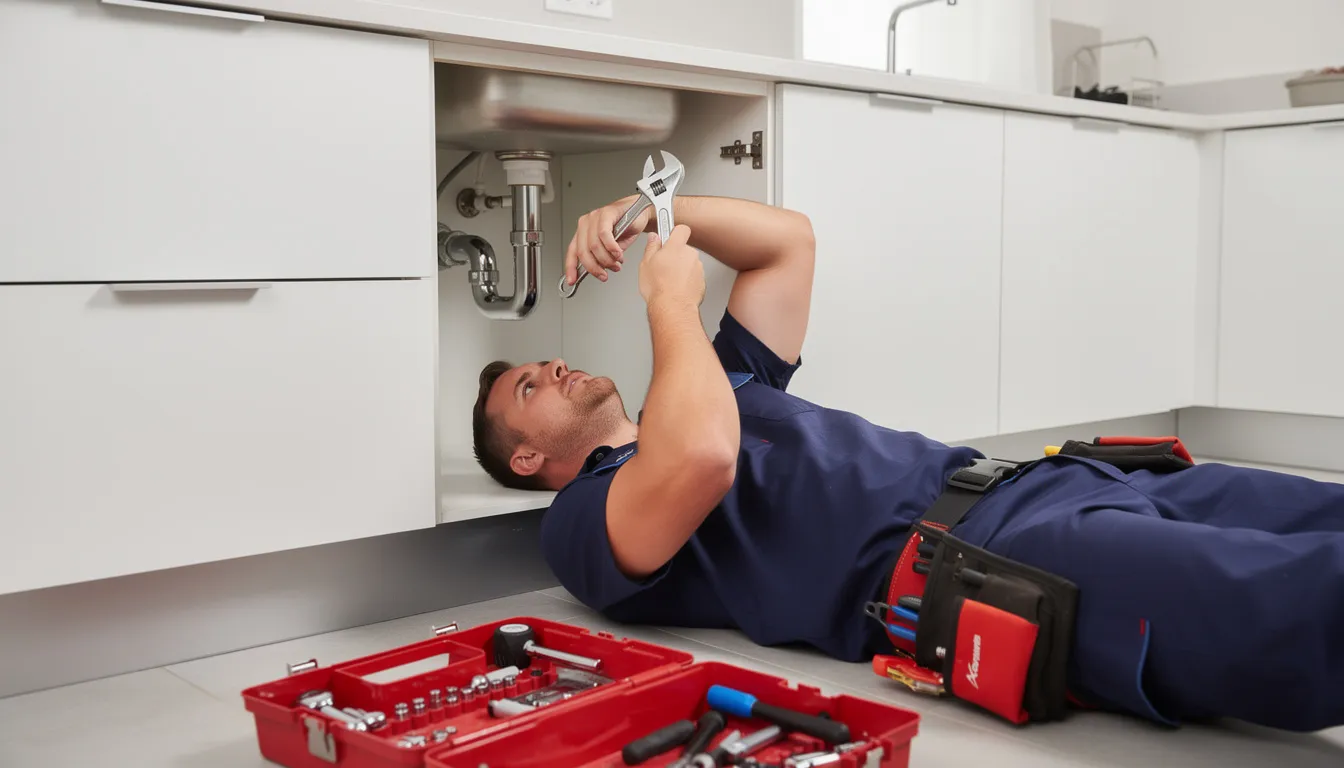 A professional plumber in work clothes is using a wrench to fix a plumbing problem under a kitchen sink, demonstrating reliable emergency plumbing services. The scene captures the plumber diligently addressing a potential plumbing emergency to prevent further damage to the home.
