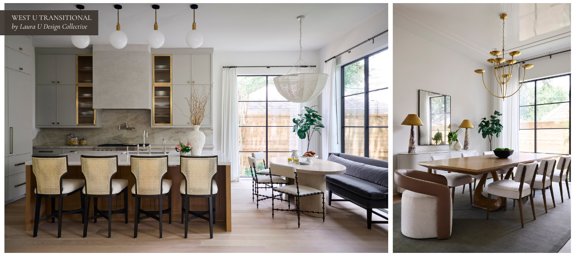 a cozy kitchen with cane accents and brass metal followed by a dining room with similar color palettes