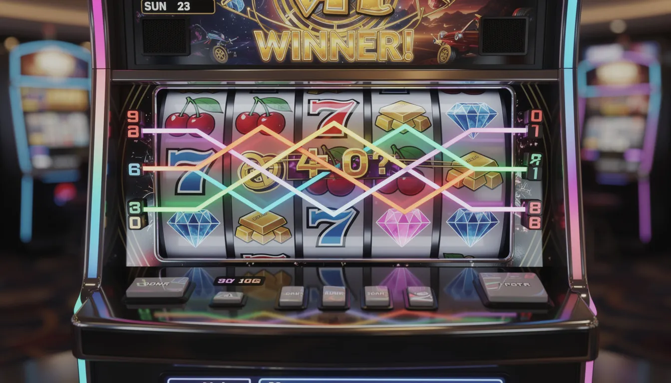 En färgglad spelautomat med olika symboler och vinnande linjer visas, vilket skapar en livlig och spännande atmosfär för spelare. Denna typ av spel kan ge en känsla av nöje och underhållning i ett casino.