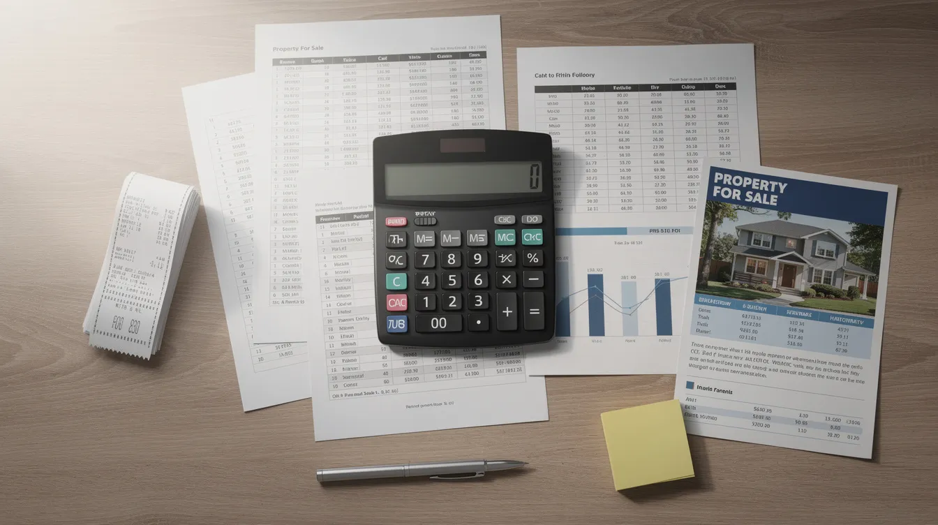 The image depicts a calculator alongside various financial documents on a desk, with a property listing prominently displayed, suggesting a focus on real estate investing. This scene is indicative of the financial considerations involved in purchasing investment property, including hard money loans and their associated costs.