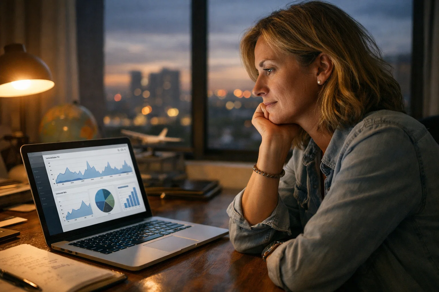 Travel business owner reviewing website traffic data and looking concerned about low bookings.