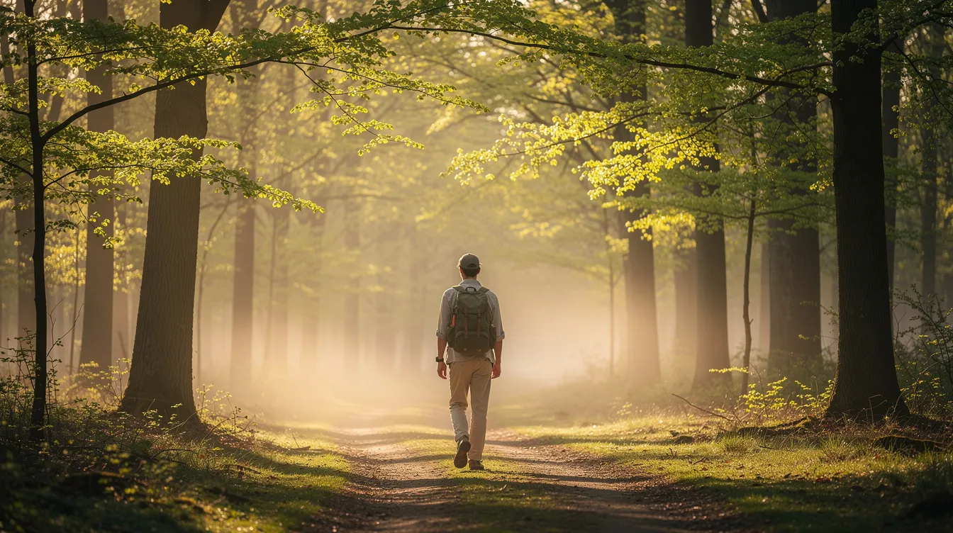 Een wandelaar loopt rustig over een pad omgeven door bomen, verlicht door zacht ochtendlicht. Deze serene omgeving nodigt uit tot reflectie en innerlijke rust, wat doet denken aan de stoïcijnse filosofie die ons leert om te gaan met externe omstandigheden en te focussen op persoonlijke groei en zelfbeheersing.