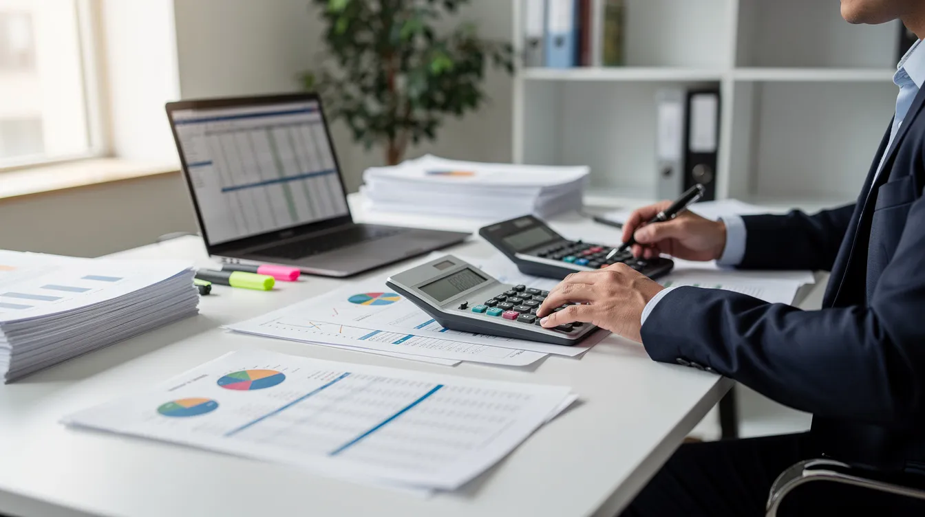 A professional is seated at a desk, meticulously reviewing financial documents and spreadsheets while using a calculator, highlighting the importance of financial analysis in poha manufacturing businesses. The scene emphasizes the critical aspects of project feasibility, including raw material costs and projected payback periods in the food processing industry.