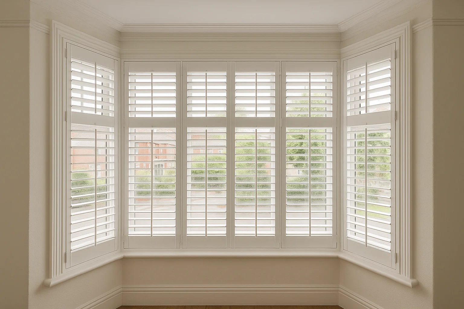 "Made-to-measure plantation shutters fitted to bay windows in a Cheshire home"