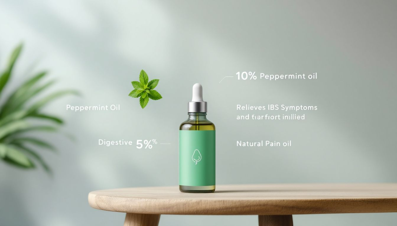 A bottle of peppermint oil, a natural remedy for IBS pain relief.