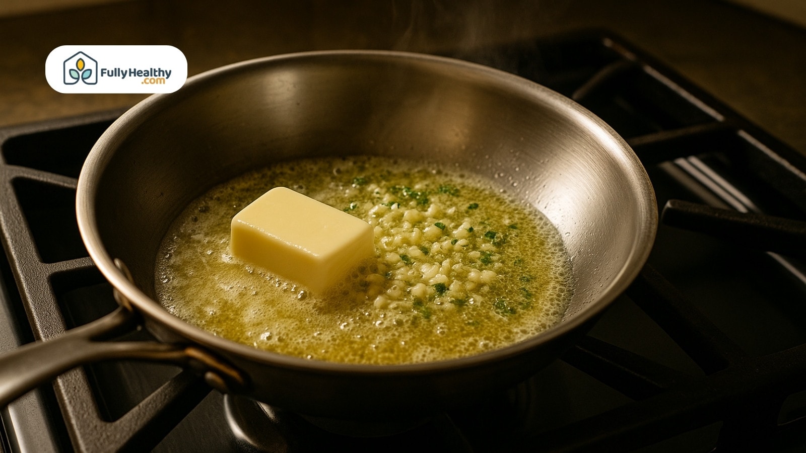 Garlic butter melting in pan with chopped herbs on stovetop