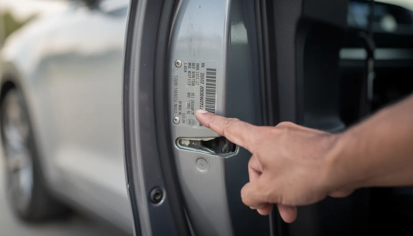 A close-up image shows a person's hand pointing at a vehicle identification number (VIN) plate located on the door jamb of a car, which is essential for checking the vehicle's history and any potential security interests. This detail is crucial for anyone considering purchasing a second hand car, as it helps ensure informed decisions regarding personal property and financial encumbrances.