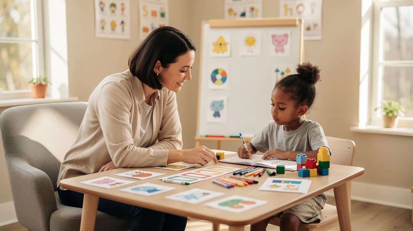 The image shows a professional engaging one-on-one with a child at a well-lit learning table, surrounded by colorful materials and visual aids, creating an optimal learning environment tailored to the child's needs. This supportive setting is ideal for autistic children, addressing their unique learning styles and enhancing their social skills and language development.