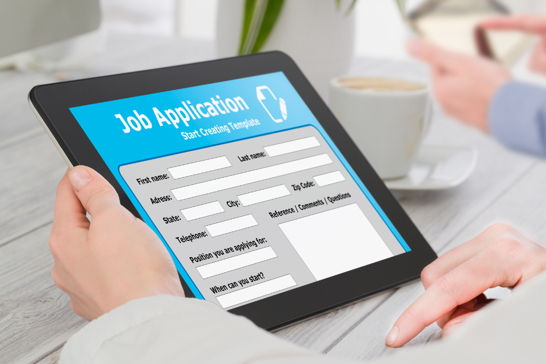 Online job application form viewed on a digital tablet.