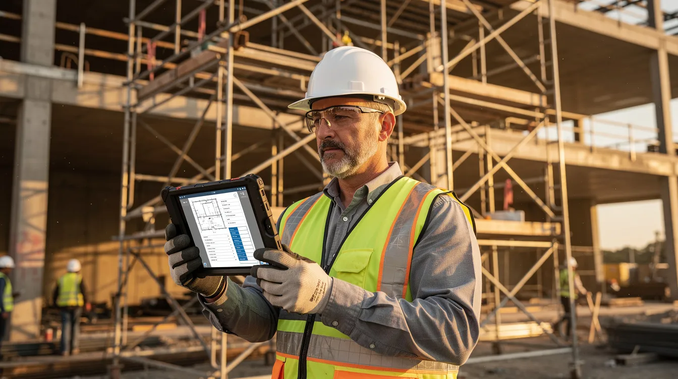 A construction superintendent closely examines scaffolding on a commercial jobsite while holding a tablet, emphasizing the importance of effective risk management strategies in identifying potential risks and ensuring worker safety. This scene highlights the critical role of construction project managers in maintaining safety protocols and managing risks throughout the construction process.