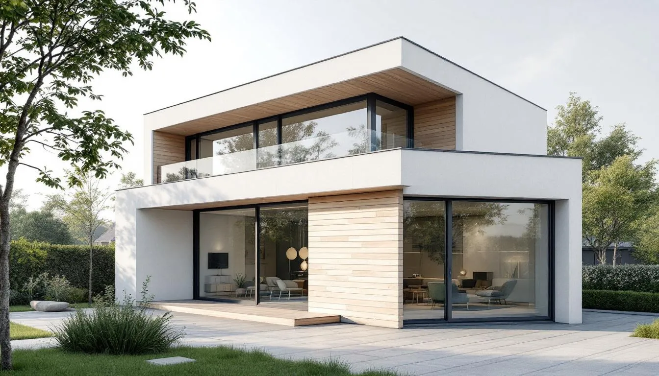 Een modern Nederlands huis met grote GEALAN ramen die zijn geïntegreerd in een strak architectonisch ontwerp. De ramen bieden niet alleen een elegante uitstraling, maar zorgen ook voor betere isolatie en thermische eigenschappen, wat bijdraagt aan het comfort van de woning.