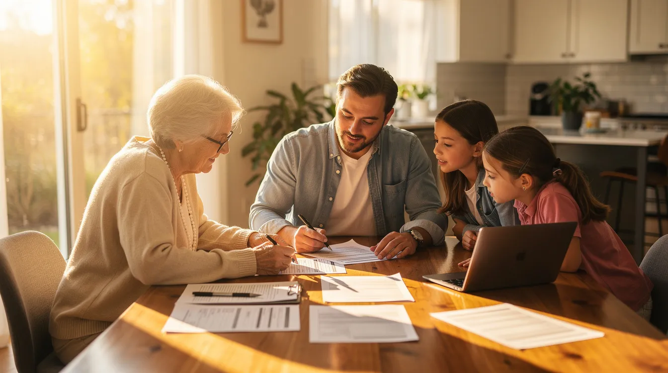 A family is gathered around a dining table, reviewing legal documents related to the probate process in a warm, natural light. They appear engaged and focused, likely discussing the responsibilities of the personal representative and the distribution of estate assets following the death of a loved one.
