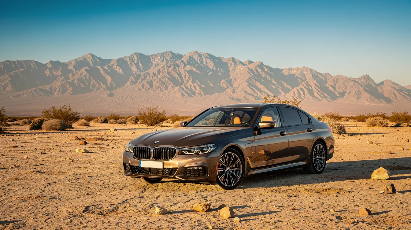 A sleek BMW sedan is parked in a vast desert landscape, with rugged mountains rising majestically in the background, showcasing the vehicle's elegance and power. This scene captures the passion of BMW owners who appreciate both the beauty of their cars and the thrill of driving in stunning environments.