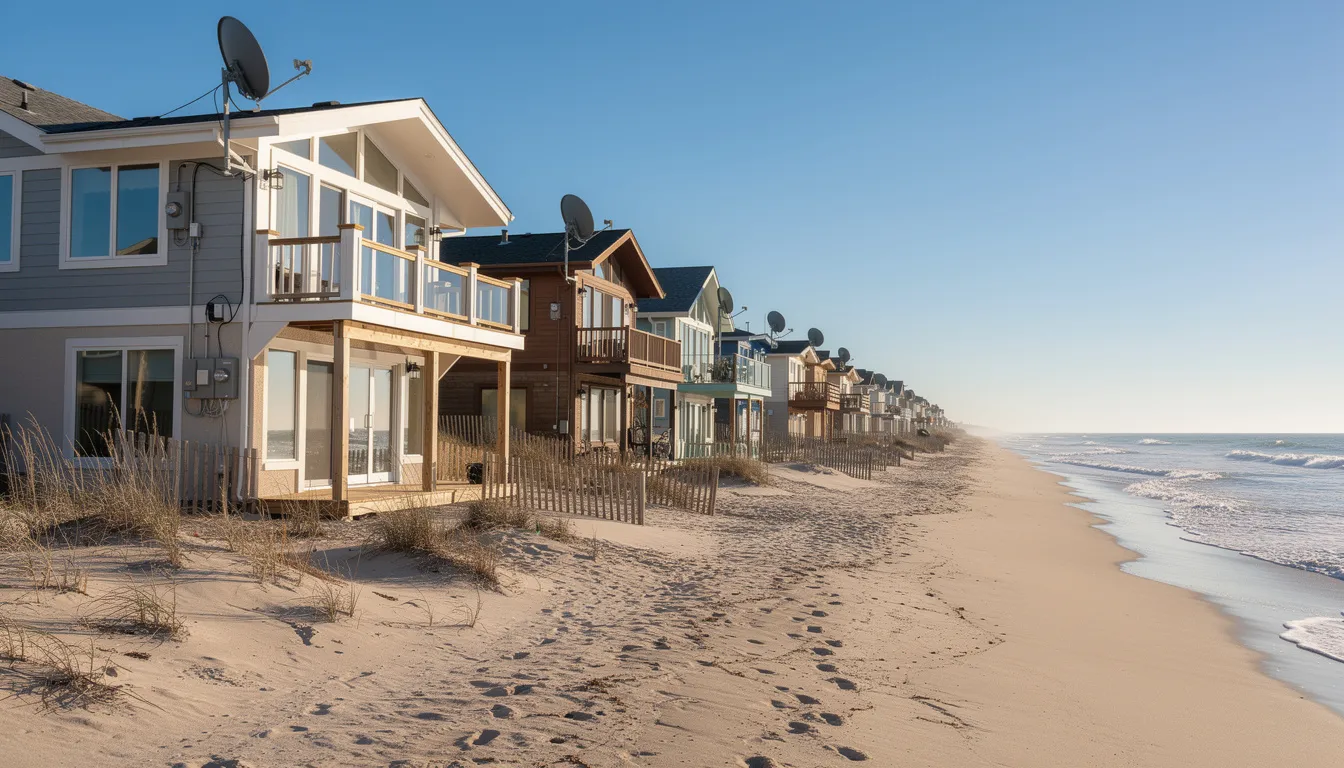 The image depicts a row of beachfront homes, each featuring properly installed satellite dishes on their rooftops, indicating professional DSTV installation services. The clear view of these installations highlights the importance of secure mounting for reliable signal quality in the scenic Sunset Beach area.