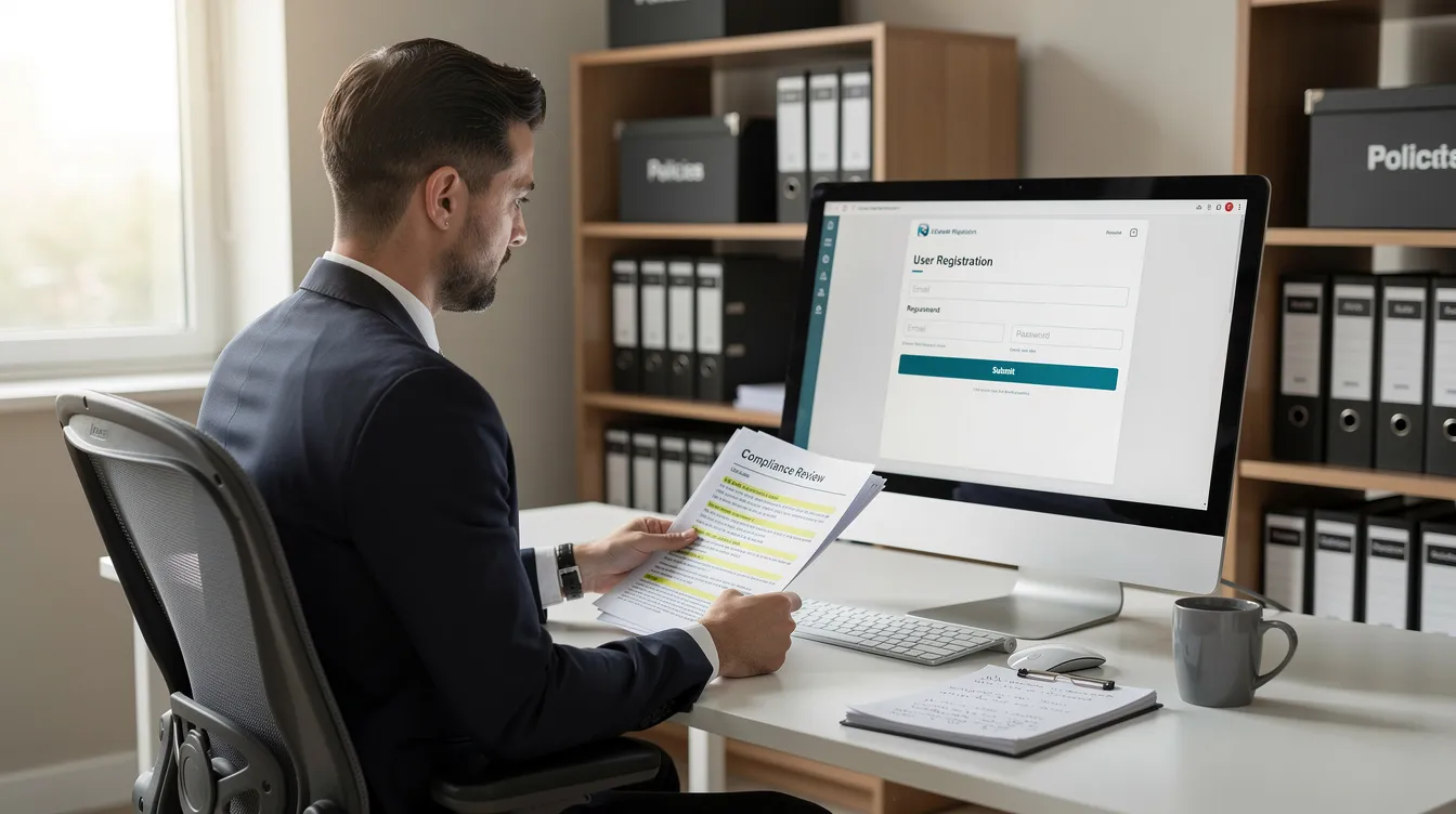 An office manager sits at a desk, reviewing compliance documents while a computer screen displays a registration portal for public works projects, highlighting key responsibilities such as submitting certified payroll records and ensuring compliance with DIR filing requirements. The atmosphere suggests a focus on meeting labor laws and maintaining registration status for future projects in California.