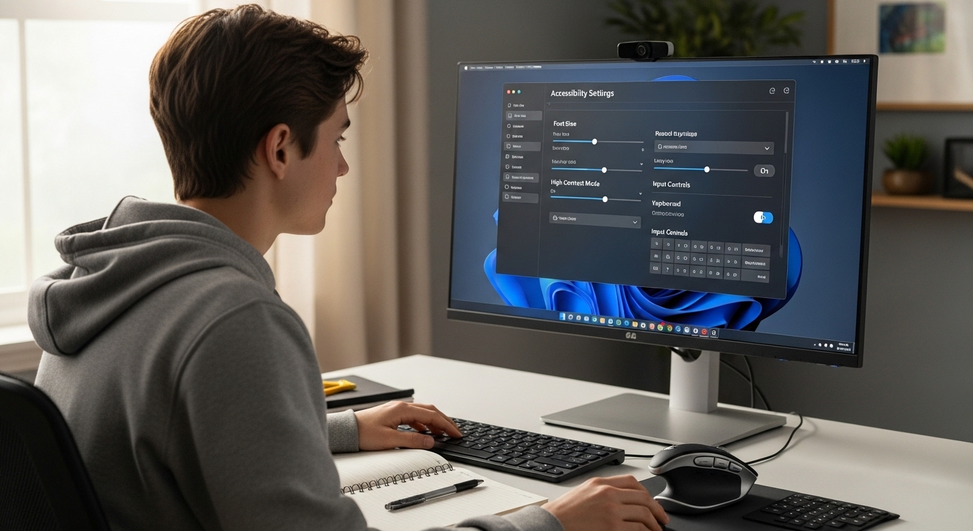 Student customizing a cloud desktop with accessibility settings like font size, contrast, and input controls.