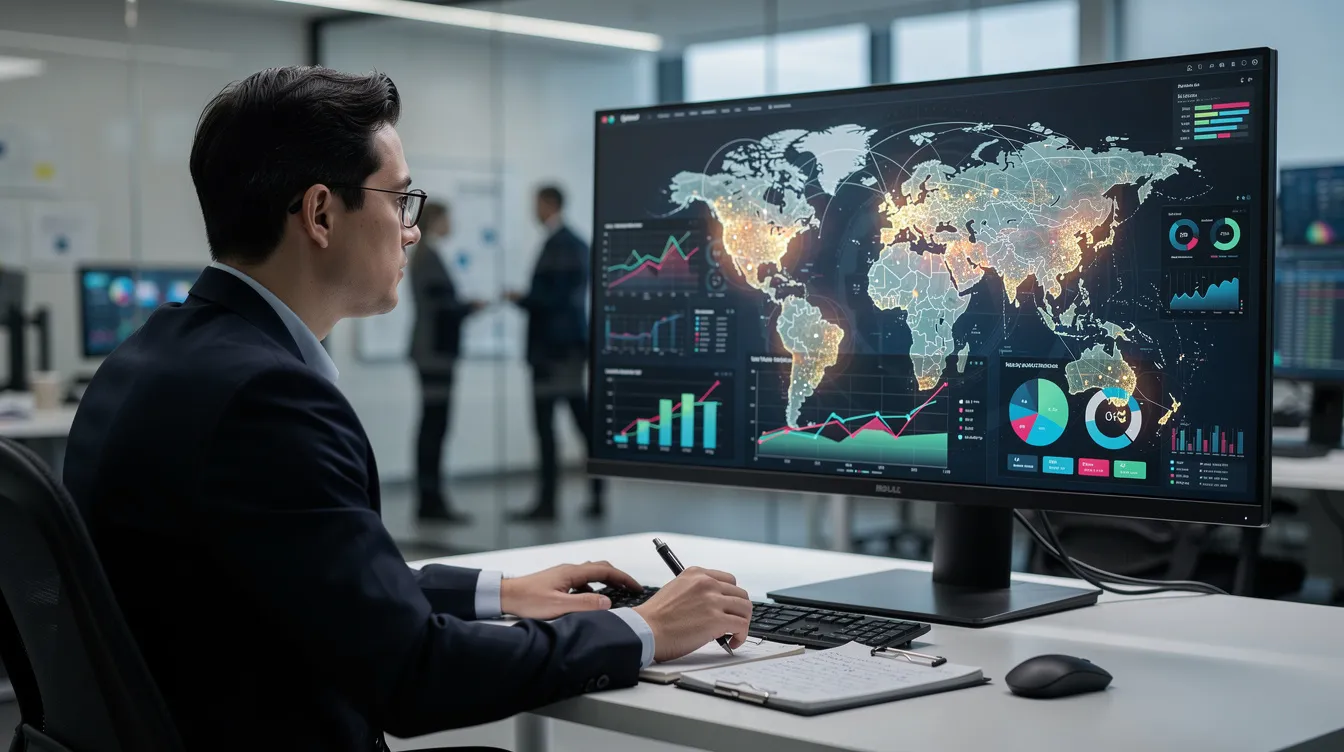 A compliance officer is intently reviewing data displayed on a large monitor, which features various graphs and world map visualizations related to identity verification and fraud detection. This scene highlights the importance of KYC compliance solutions and ongoing monitoring in the financial sector for effective risk management and regulatory compliance.