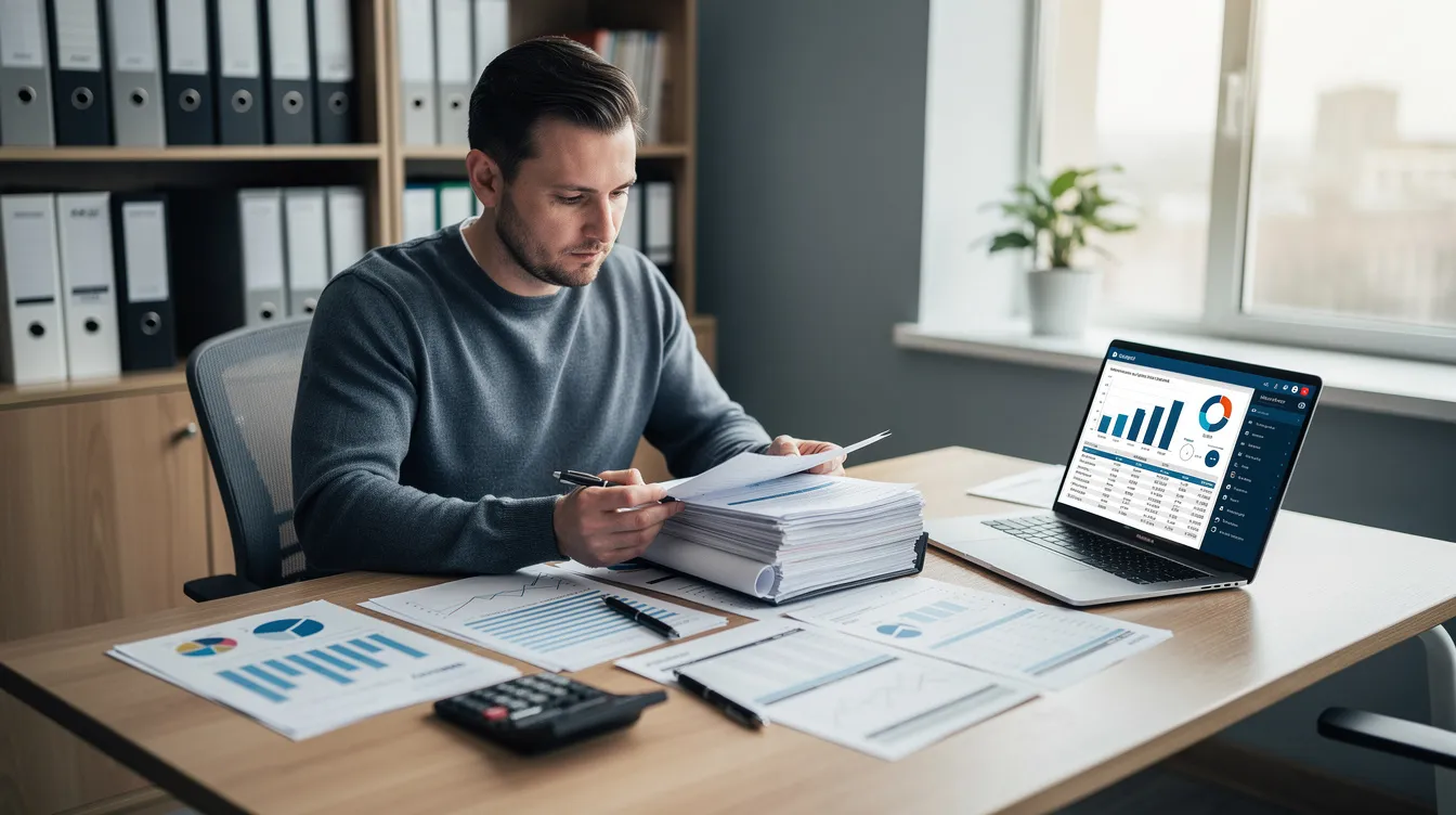 The image shows a business owner sitting at a desk, intently reviewing financial documents and paperwork while using a laptop. This scene represents the meticulous planning involved in managing a small business, which may include strategies for digital marketing, local SEO efforts, and budgeting for SEO services.