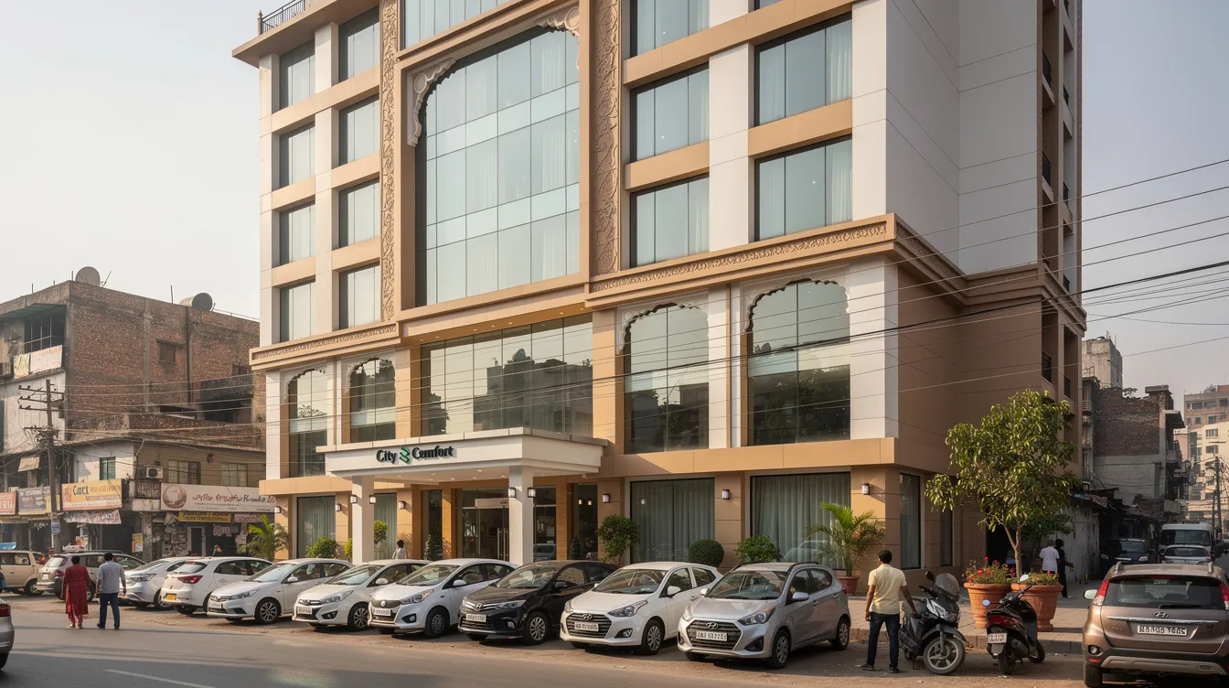 The image depicts a modern mid-scale hotel building exterior in an Indian city, featuring a sleek design with large windows and a welcoming entrance. Several cars are parked outside, highlighting the hotel's accessibility and its appeal to hospitality businesses in the area.