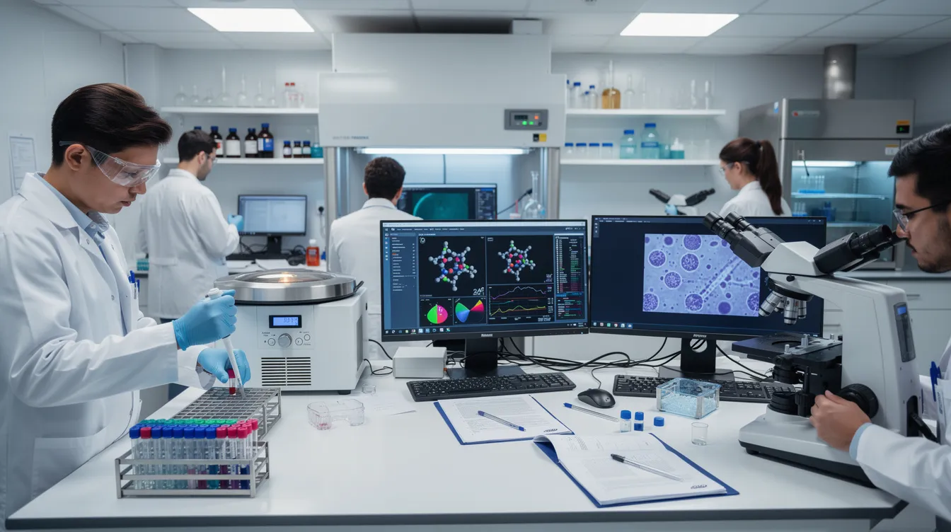 The image depicts researchers engaged in artificial intelligence research, collaborating with computers and laboratory devices to advance machine learning models and explore new data. They are focused on developing AI tools that enhance human interaction and decision-making in various fields, including healthcare and data science.