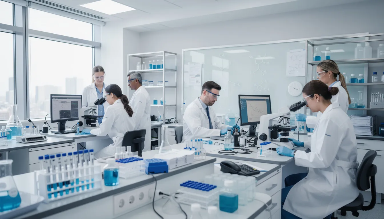 The image depicts a modern research laboratory where scientists in white coats are engaged in scientific research at benches filled with advanced equipment, such as high-performance liquid chromatography and mass spectrometry, which are essential for the synthesis of high-quality peptides and amino acid derivatives. The atmosphere reflects a focus on precision and efficiency in the development of custom peptides for various research purposes.