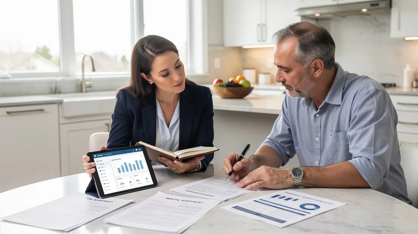 A professional property manager and a rental property owner are seated at a kitchen table in a bright, modern kitchen, collaboratively reviewing documents and a tablet. This scene illustrates the essential role of property management companies in managing properties, handling rent collection, and ensuring legal compliance for property owners.
