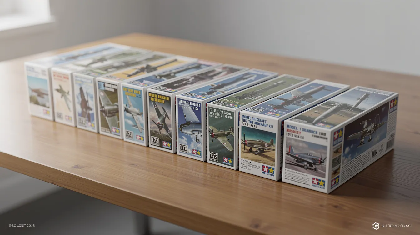 The image shows a neatly arranged display of model aircraft product boxes on a table, featuring brands like Gemini Jets and JC Wings, perfect for collectors. This setup highlights the incredible variety available for enthusiasts, especially during special sales like the Memorial Day sale.