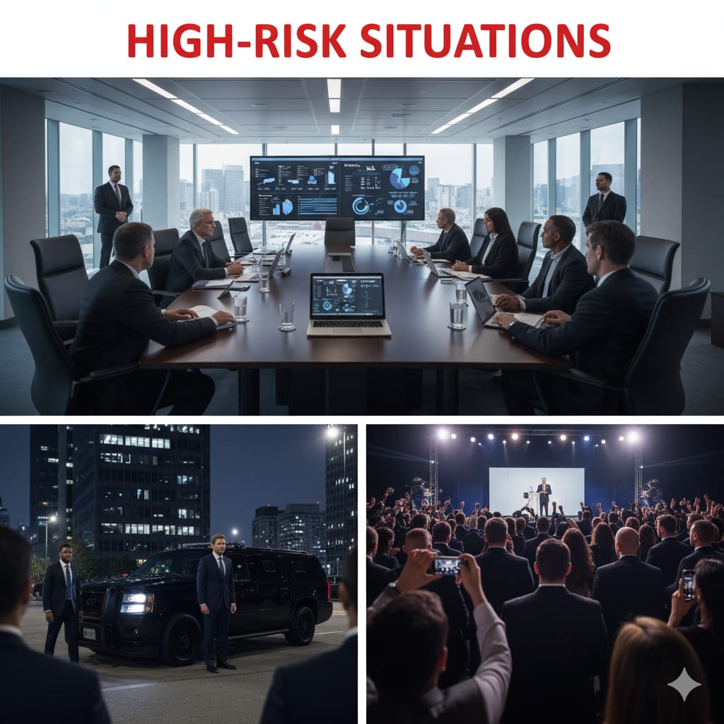 Corporate meeting with executive protection agents ensuring safety during a high-profile event.