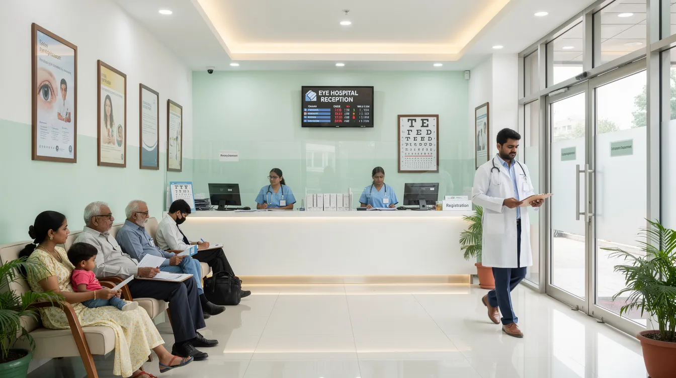 The image depicts a modern eye hospital reception area in India, where several patients are seated in a waiting area while medical staff assist at the front desk. This setting emphasizes the importance of quality eye care services, reflecting the hospital's commitment to high standards in patient health and operations.