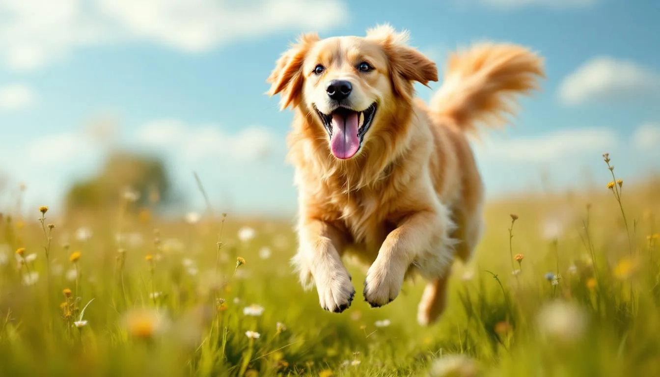 A happy dog with a wagging tail is joyfully playing in a grassy field, showcasing its playful behavior and adorable features like large eyes and floppy ears. This scene captures the essence of why dogs are often considered cute and beloved furry companions, evoking feelings of affection and nurturing instincts in pet owners.