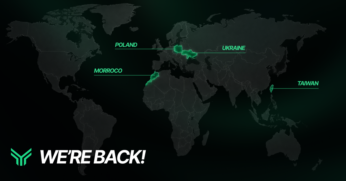 Funding Traders graphic showing a dark world map on a black background with four countries highlighted in glowing green and labeled in green text: "POLAND," "UKRAINE," "MORROCO," and "TAIWAN." Each label connects to its country with a thin green line. In the lower left, the green Funding Traders chevron logo sits beside the bold white italic headline "WE'RE BACK!" The layout announces the return of platform access or support for these four countries.