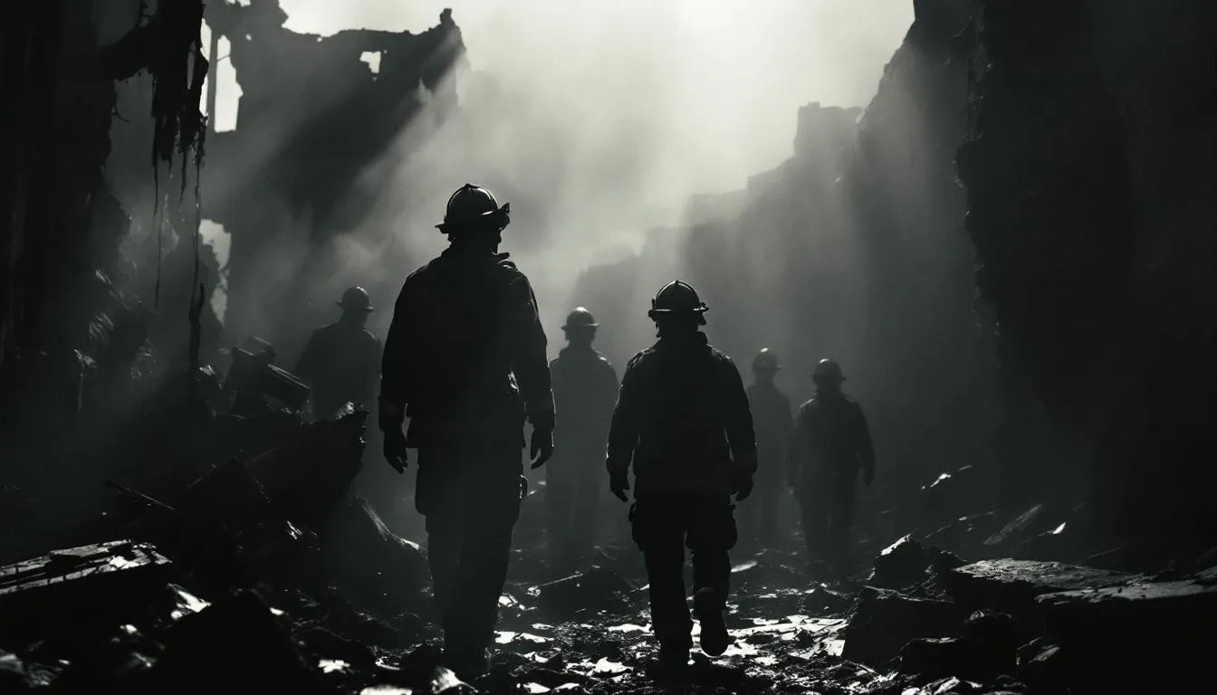 A scene showing immediate actions taken after a house fire, including firefighting efforts.