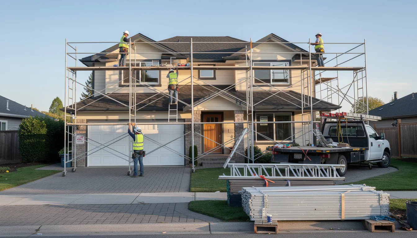 The image shows workers carefully installing scaffolding around a two-storey residential home to facilitate roof access for upcoming roofing services. This setup is essential for safely conducting roof repairs or roof replacement projects, ensuring compliance with local building codes in South Auckland.