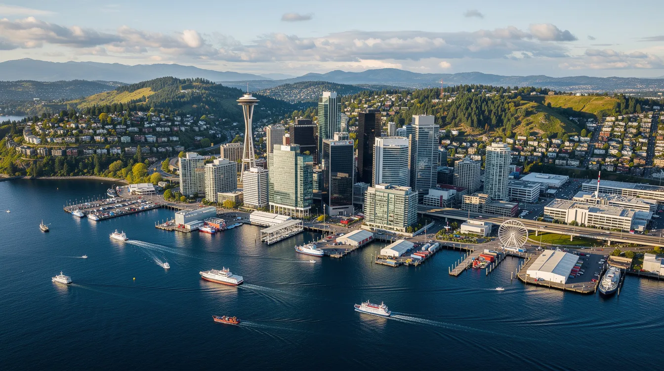 An aerial view showcases the Seattle skyline with its iconic buildings against the backdrop of Puget Sound and green hills, while neighborhoods stretch out in the distance. This vibrant cityscape highlights the blend of urban life and natural beauty, ideal for those seeking reliable emergency plumbing services in the area.