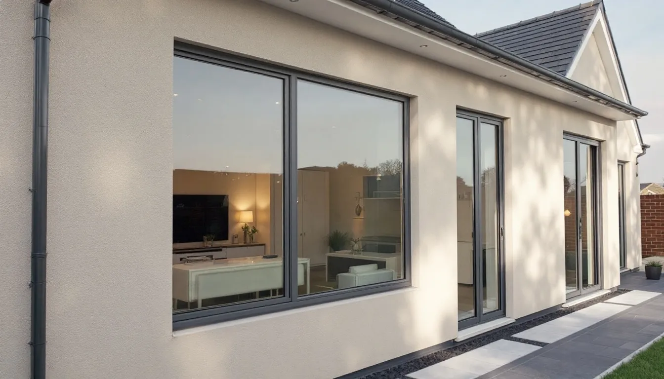 Een overzicht van een woning met volledig vernieuwde energiezuinige kozijnen, die zijn vervangen door nieuwe kunststof kozijnen met isolerend glas. Deze maatregelen dragen bij aan energiebesparing en kunnen mogelijk in aanmerking komen voor investeringssubsidie duurzame energie.