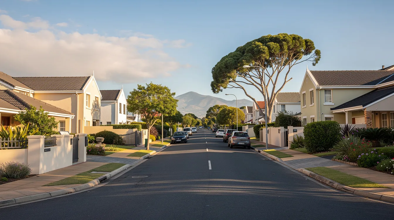 The image depicts a peaceful suburban street in Cape Town, lined with well-maintained houses and lush trees, creating a serene neighborhood atmosphere. This setting is ideal for families looking for reliable services, such as accredited DSTV installers in Goodwood, to enhance their home entertainment systems with professional DSTV installation and satellite dish services.