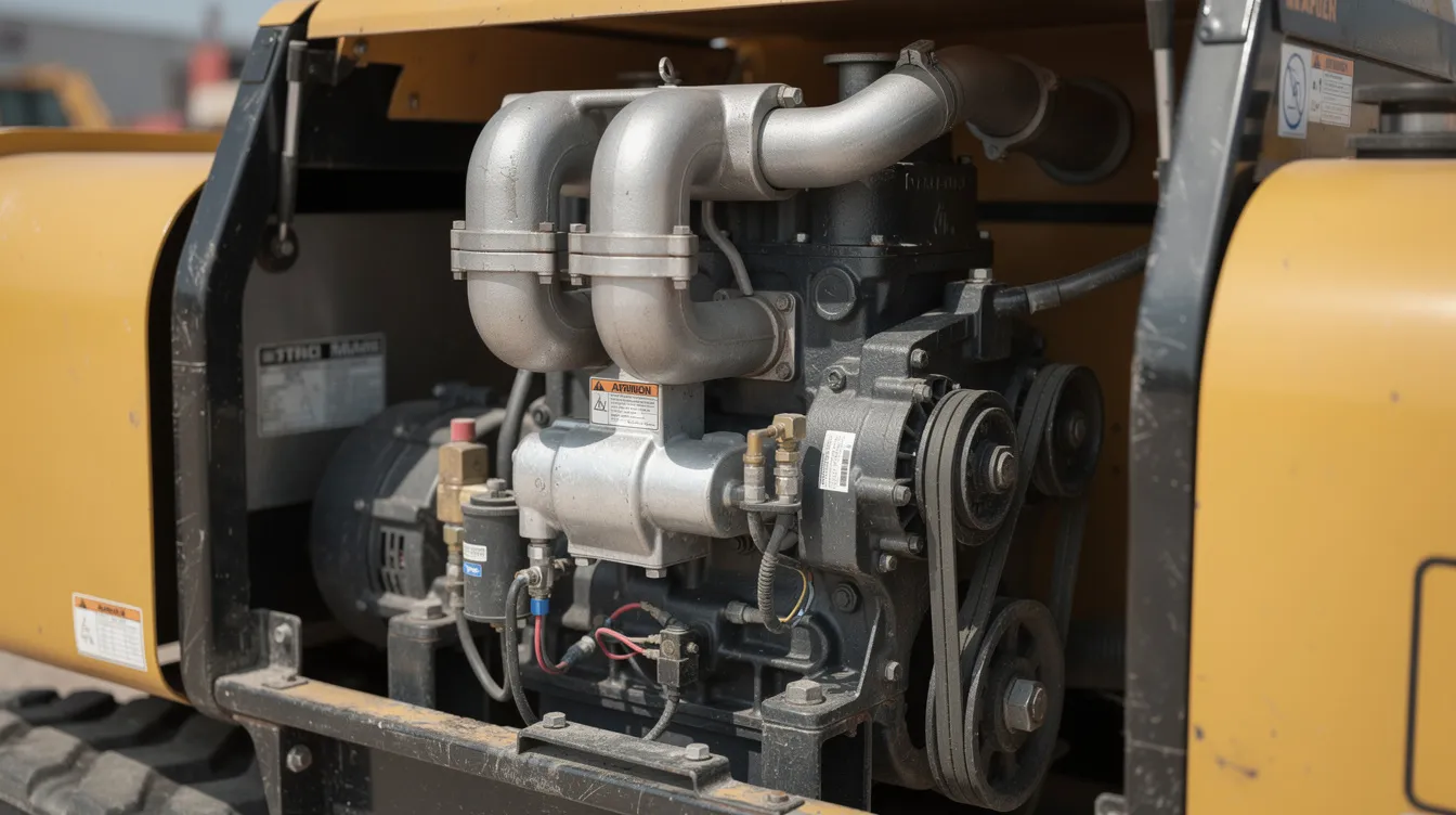 A close-up view of a compact two-cylinder diesel engine, part of Kubota's Super Mini Series, showcases its essential components like the fuel filter, air filter, and oil filter. This engine is designed for small construction equipment, emphasizing cleaner emissions and optimized performance while achieving lower particulate matter.