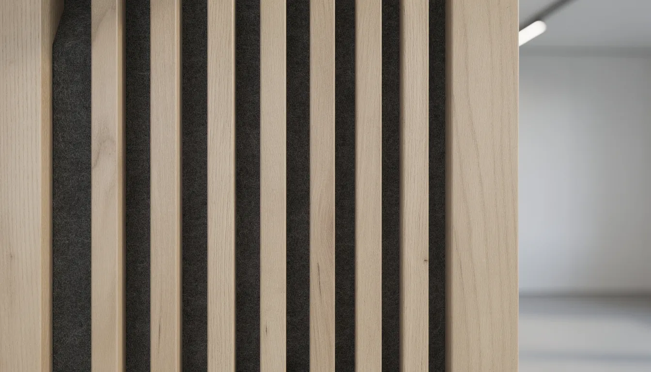 Close-up van houten latjes die als akoestisch wandelement zijn gemonteerd, met donkergrijs vilt op de achtergrond voor een elegante uitstraling. Dit wandpaneel biedt niet alleen een natuurlijke uitstraling, maar ook functionaliteit voor het verbeteren van de akoestiek in verschillende ruimtes.