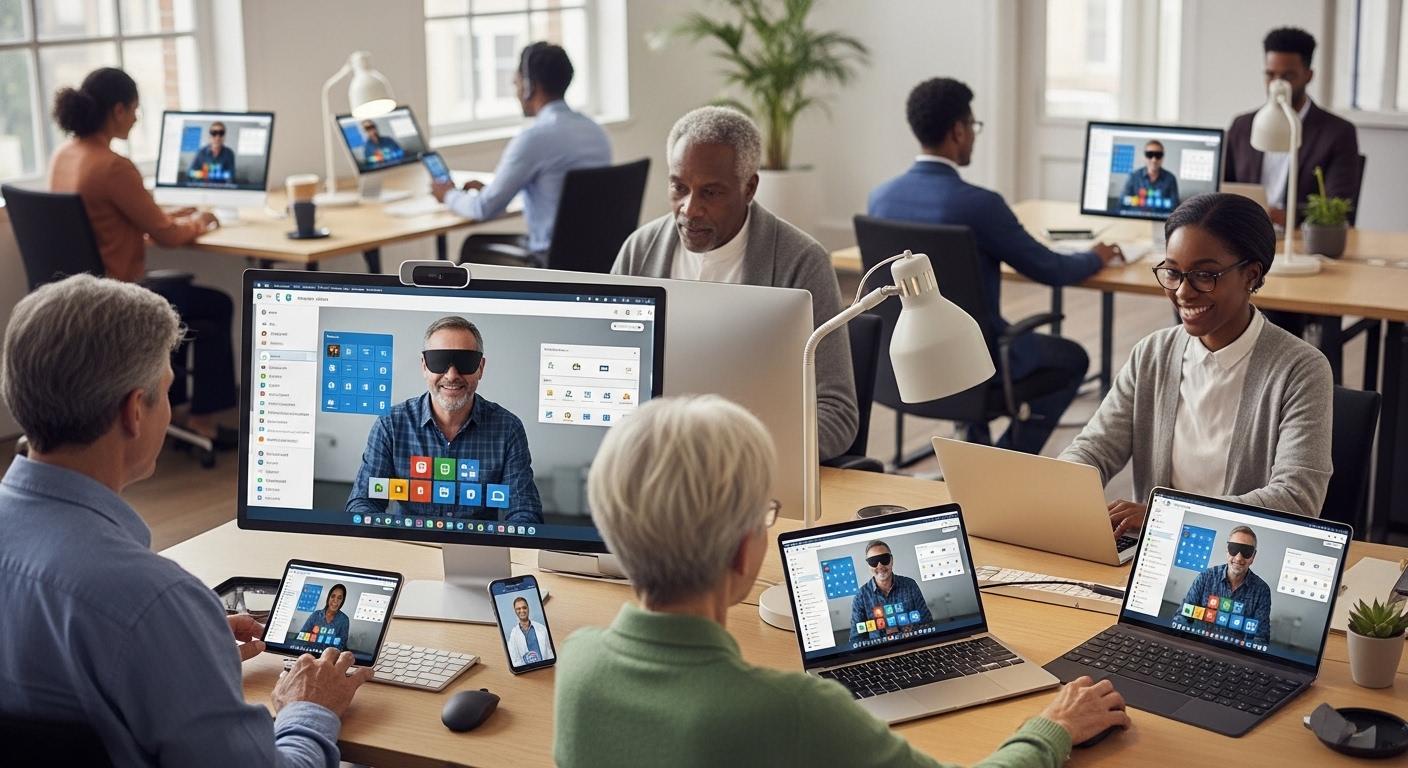 Modern workforce connecting to virtual desktops from laptops, tablets, and mobile devices with emphasis on accessibility and ease of use.