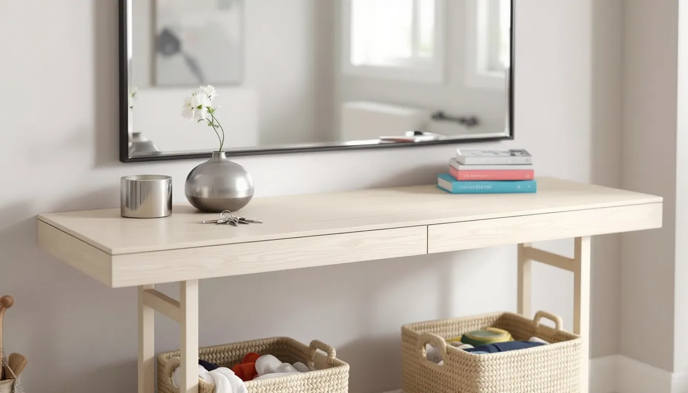 A modern hallway console table is showcased, featuring a sleek design with decorative items on top, such as a stylish lamp and a small plant, alongside storage baskets underneath for keys and other essentials. This entryway table enhances the ambiance of the living space while providing functionality and a natural look.