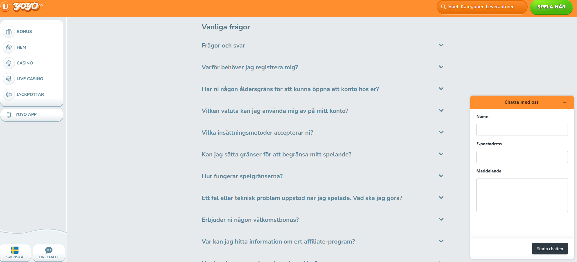 YoYo Casinos FAQ och kundtjänst med vanliga frågor och livechatt.