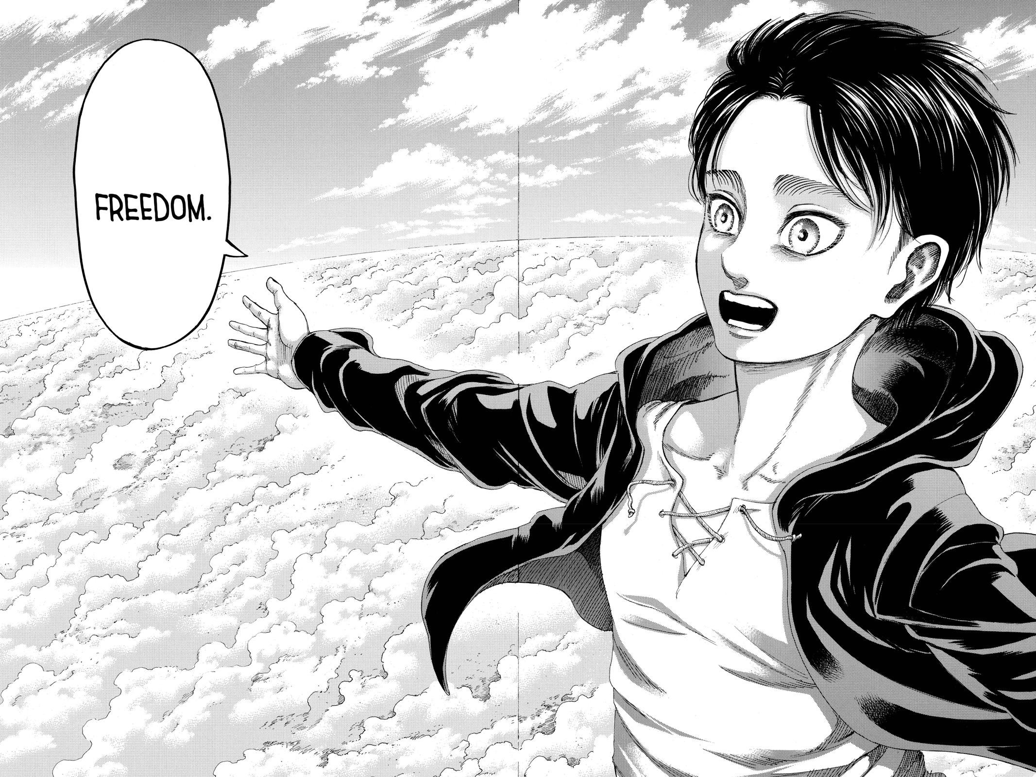 Child Eren dreaming of freedom above the clouds of steam of the colossal titans from attack on titan