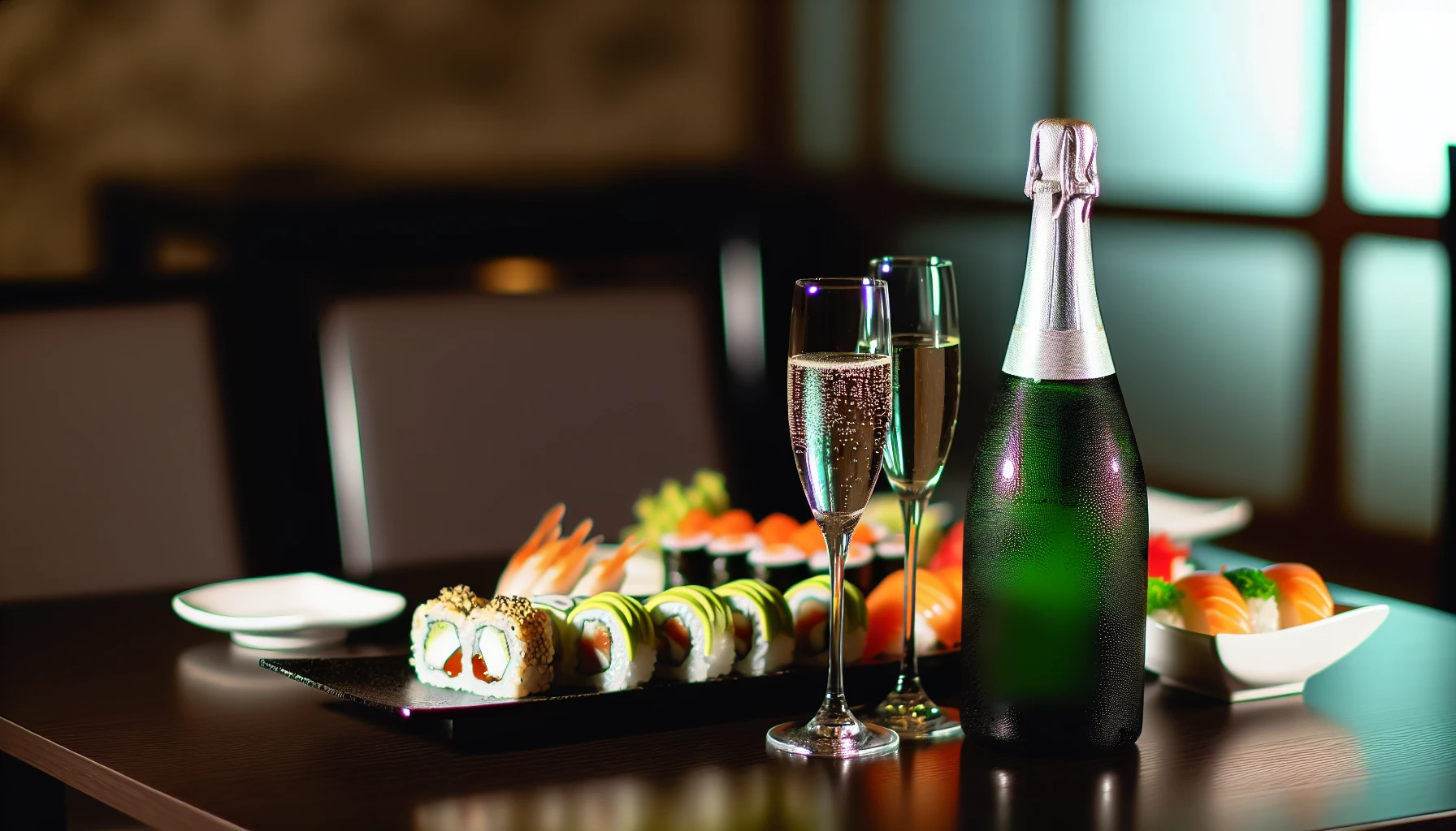 A bottle of sparkling wine with sushi in the background