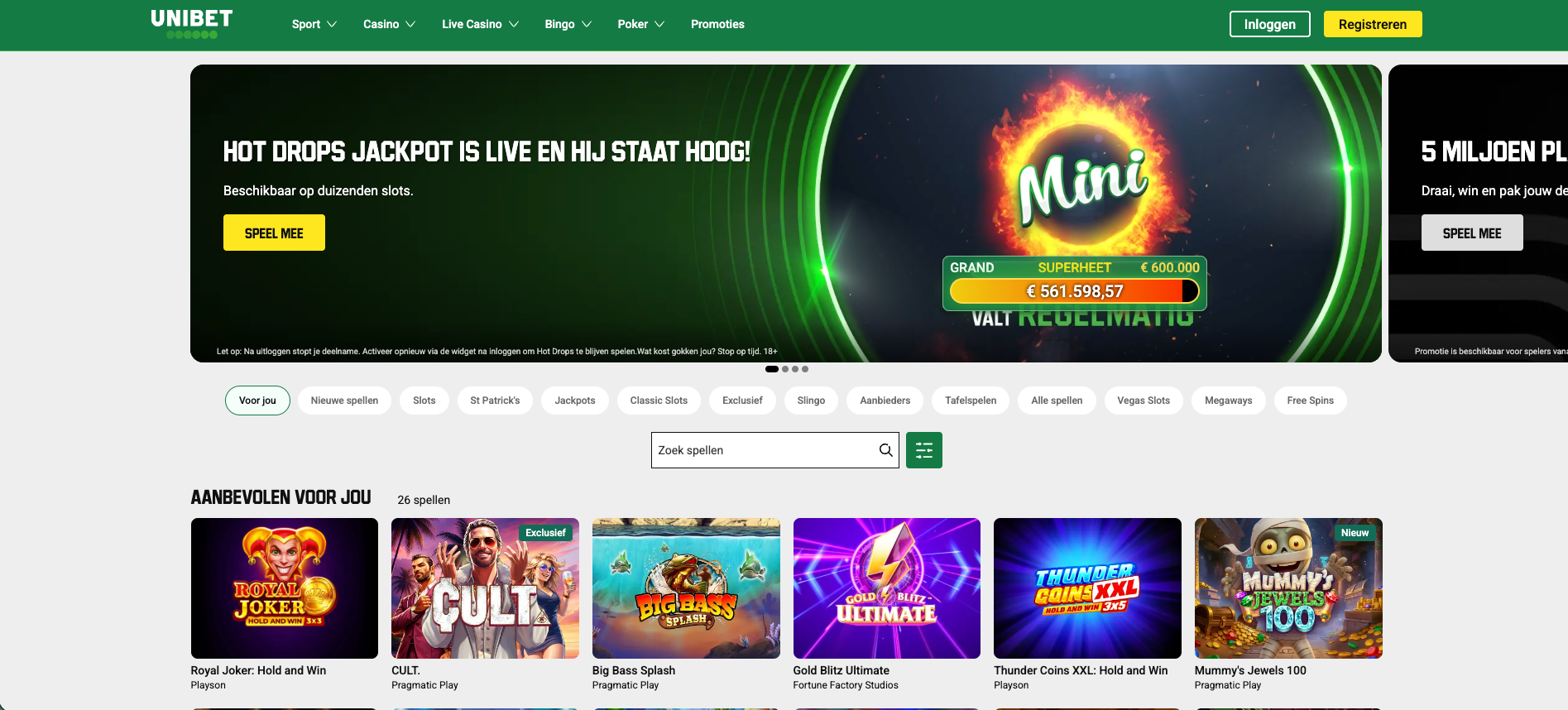 Overzicht van Unibet online casino, met een Hot Drops jackpot promotie, duizenden online slots, en populaire spellen zoals Big Bass Splash, Thunder Coins XXL en Royal Joker, beschikbaar voor spelers in Nederland.