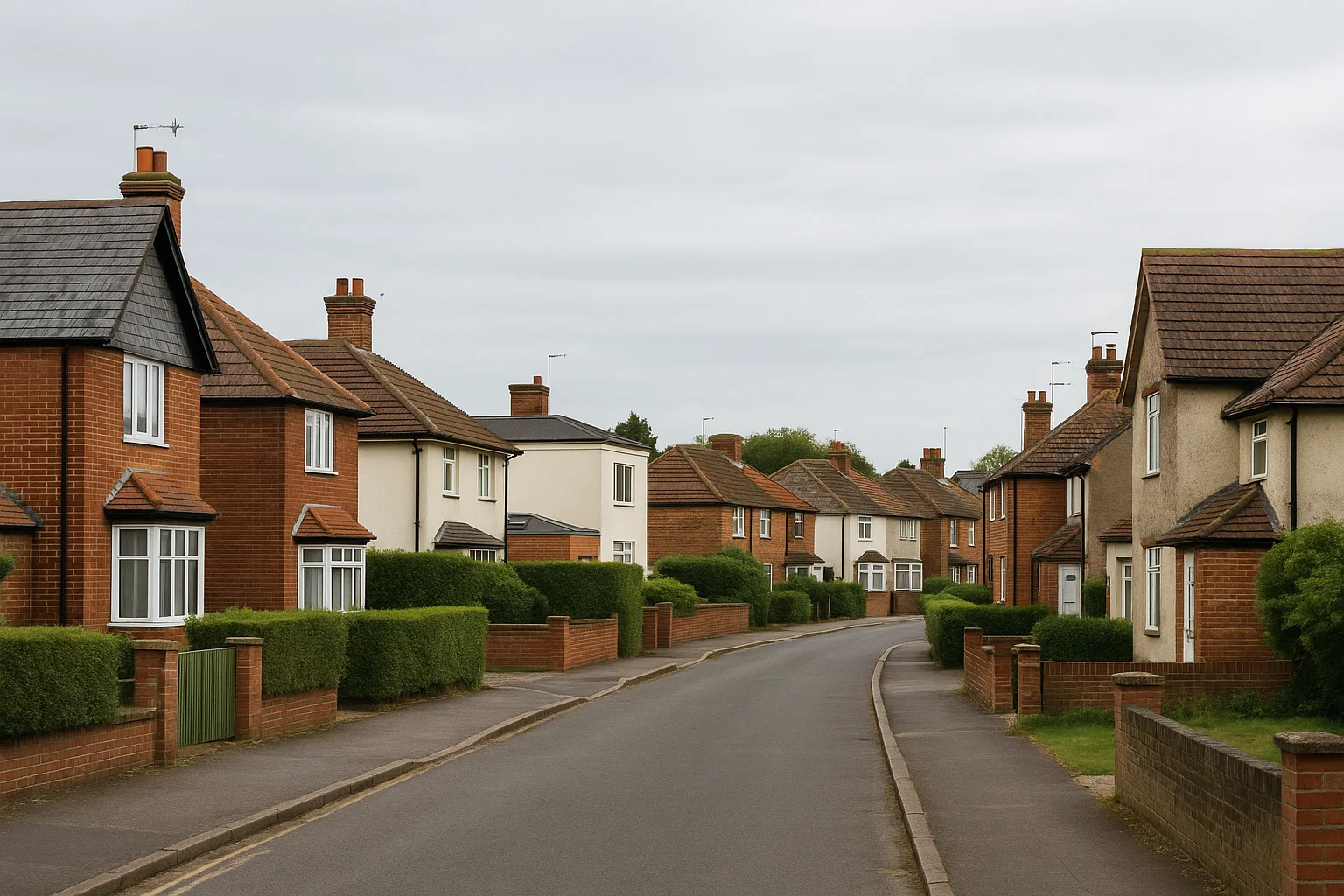 UK suburban houses with different roof styles and materials showing variety in roof repair costs.
