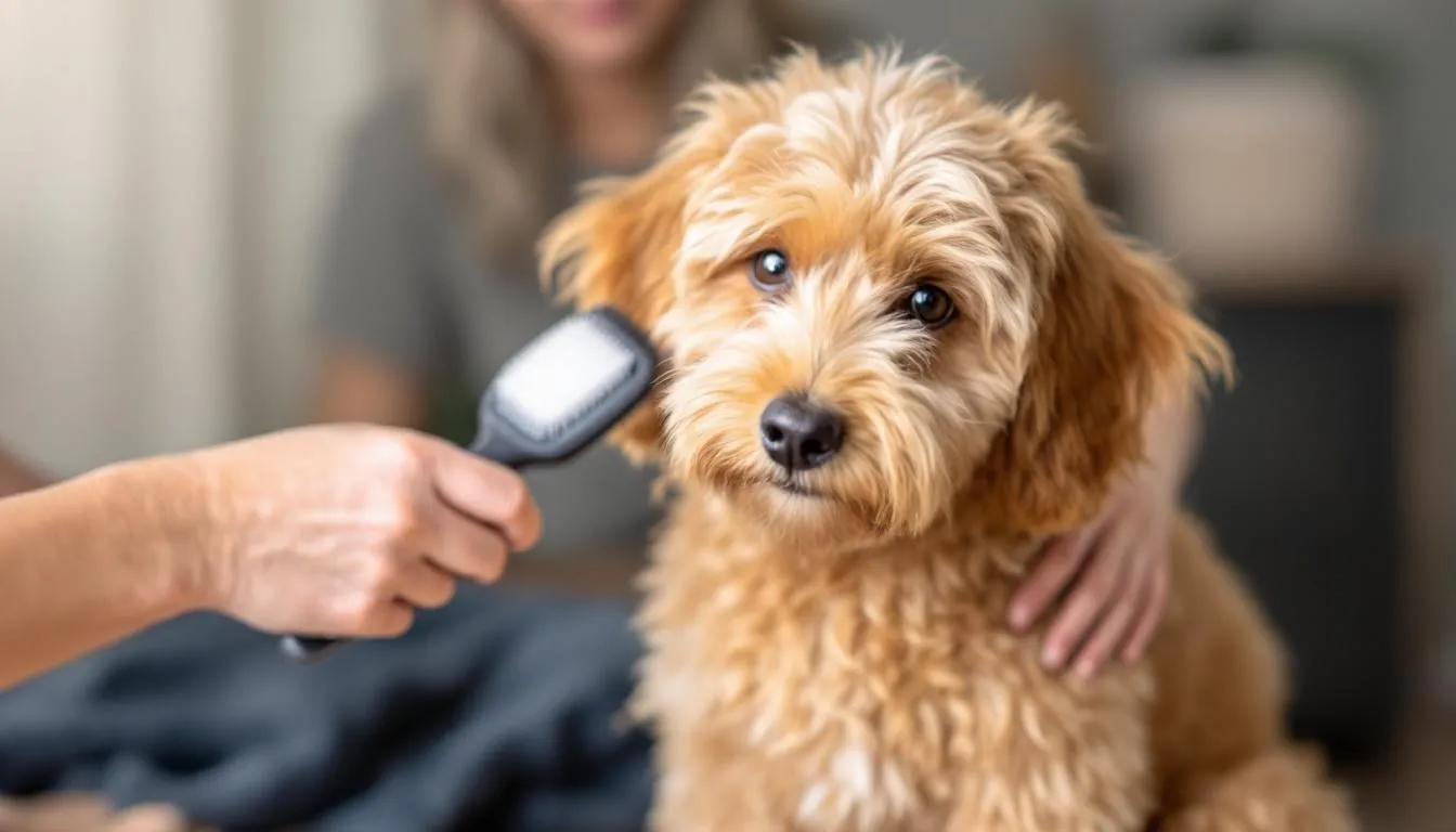 A petite goldendoodle with a curly coat is being gently brushed, showcasing proper grooming techniques to prevent matting and maintain its hypoallergenic coat. The dog
