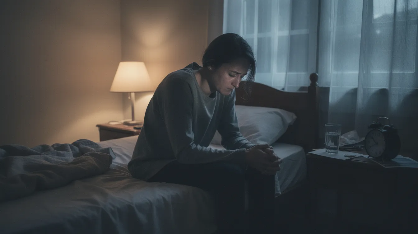A tired person sits in a dimly lit bedroom, struggling to sleep and displaying signs of cannabis withdrawal symptoms, such as physical discomfort and a depressed mood. The scene captures the emotional and psychological challenges often faced during the cannabis withdrawal process.