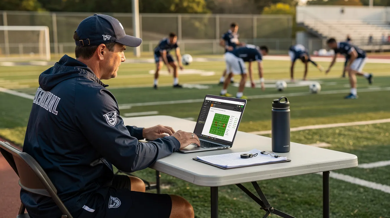 A coach is seated at a folding table with a laptop, focused on managing the sports team's website while players warm up on the outdoor field behind them. This scene captures the blend of technology and athletics as the coach prepares for upcoming games and communicates with the sports organization.