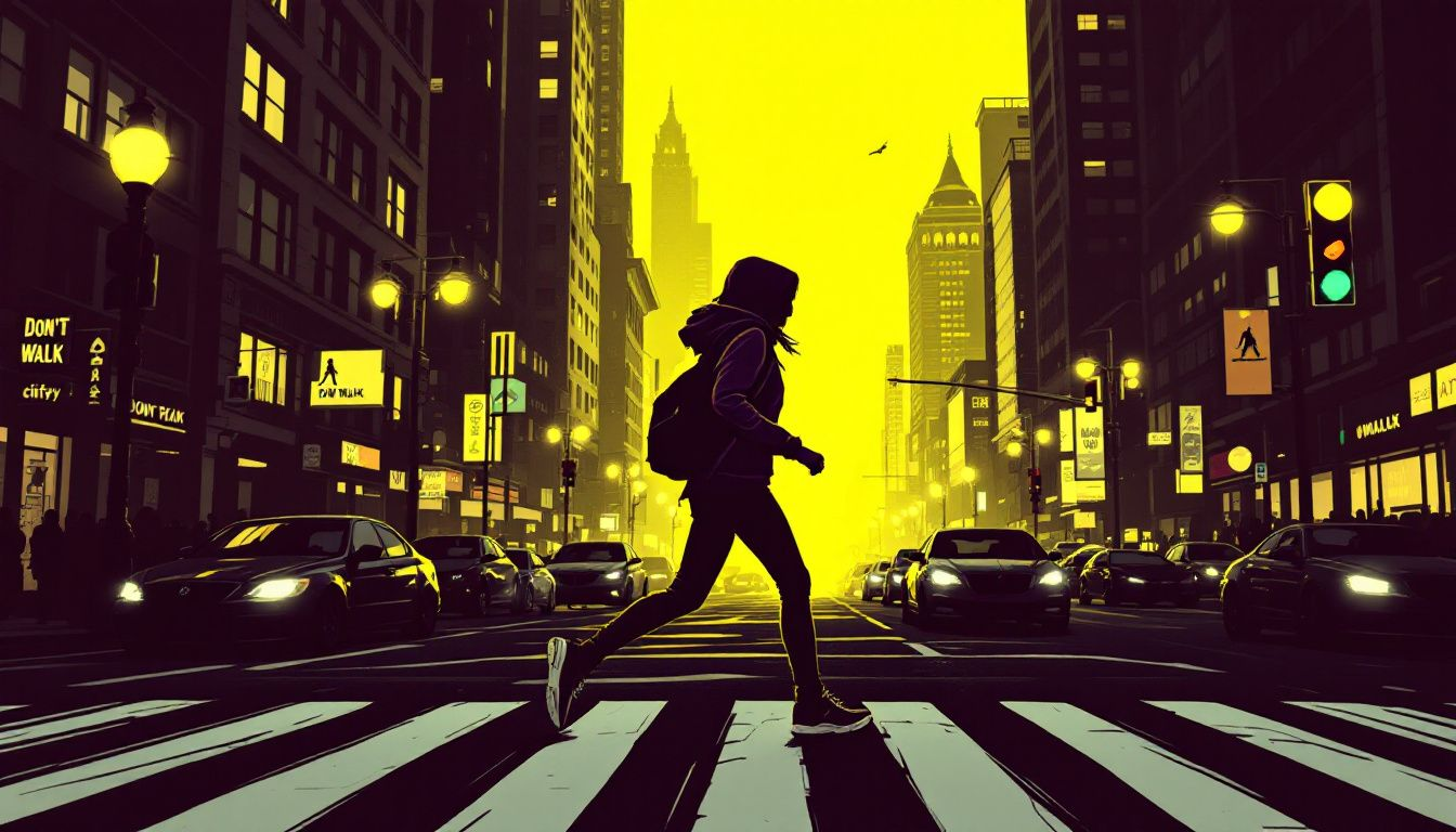 An illustration showing a pedestrian jaywalking across a busy street.